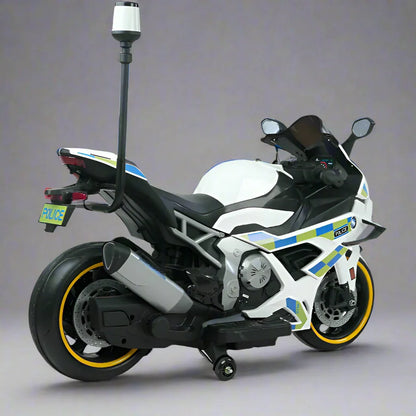 Model motorcycle with police markings on a gray background