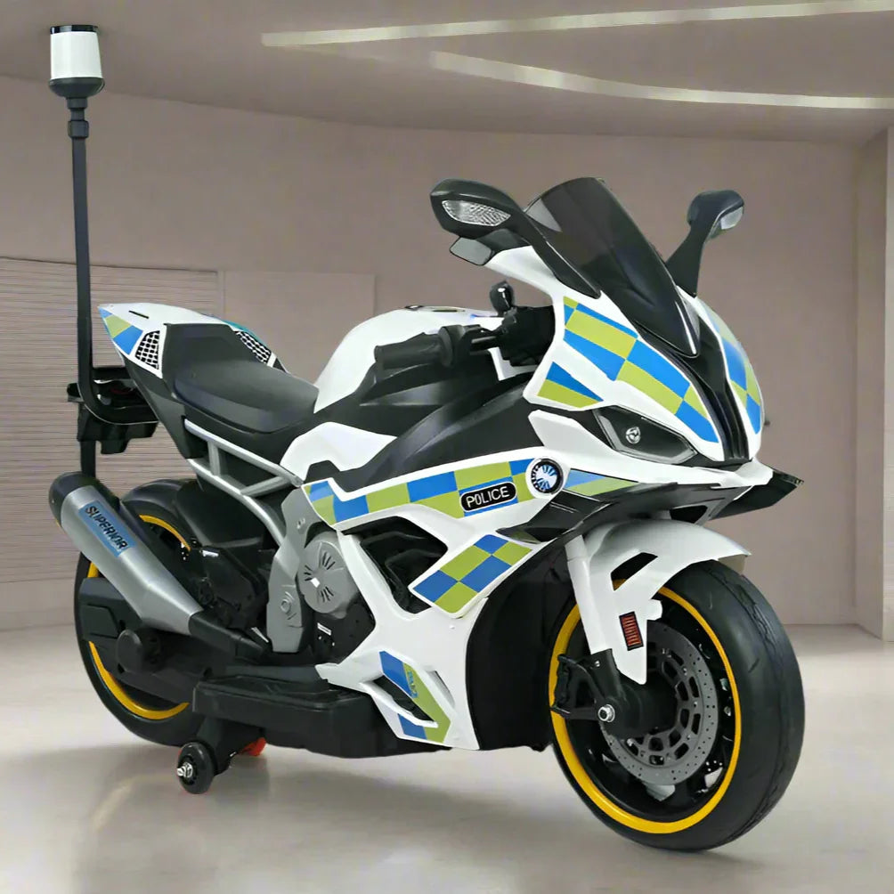 Model police motorcycle with colorful design on a gray background