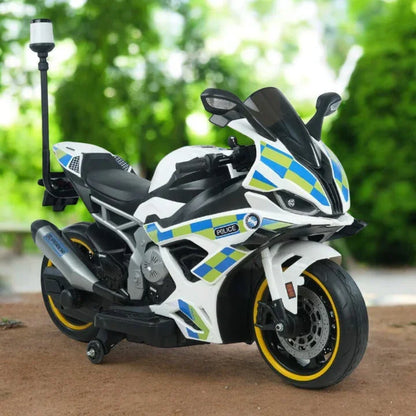 Model police motorcycle with checkered design on a blurred green background