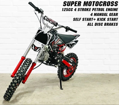 125cc Super Motocross Dirt Bike – 4-Stroke Petrol Engine, Disc Brakes, High Ground Clearance | Off-Road