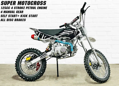 125cc Super Motocross Dirt Bike – 4-Stroke Petrol Engine, Disc Brakes, High Ground Clearance | Off-Road