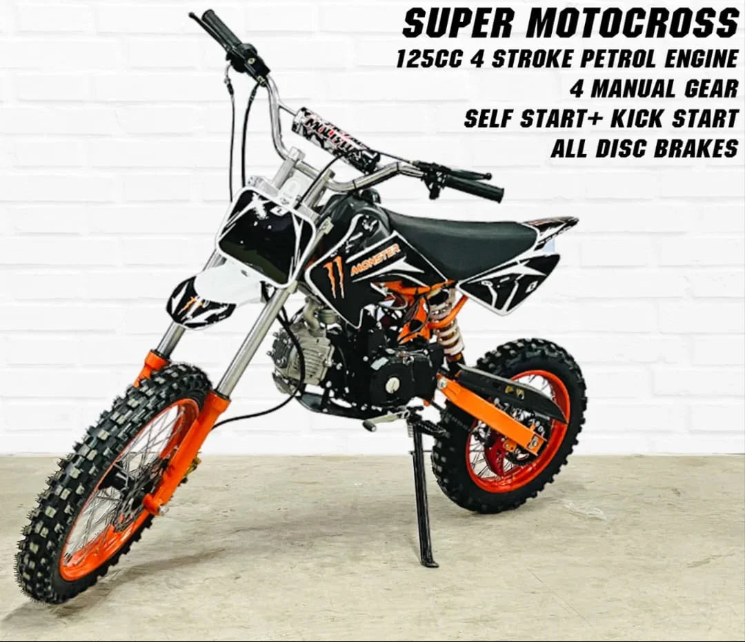 125cc Super Motocross Dirt Bike – 4-Stroke Petrol Engine, Disc Brakes, High Ground Clearance | Off-Road