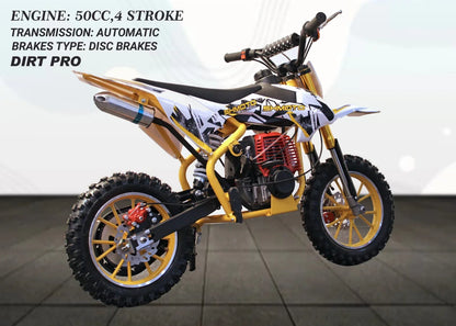 50cc Mini Dirt Bike – 4-Stroke Engine, Pull Start, All Disc Brakes, Kid-Friendly Off-Road Motorbike