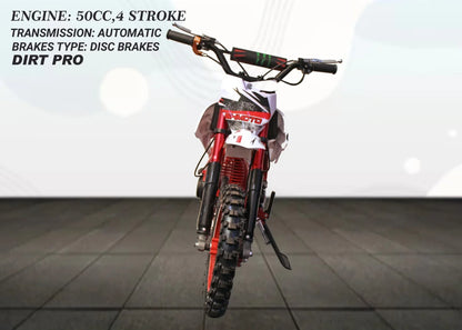 50cc Mini Dirt Bike – 4-Stroke Engine, Pull Start, All Disc Brakes, Kid-Friendly Off-Road Motorbike