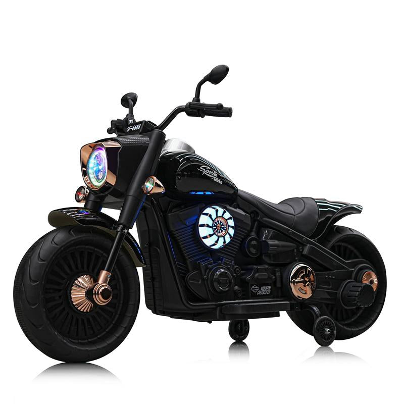 Black toy motorcycle with colorful lights on a white background