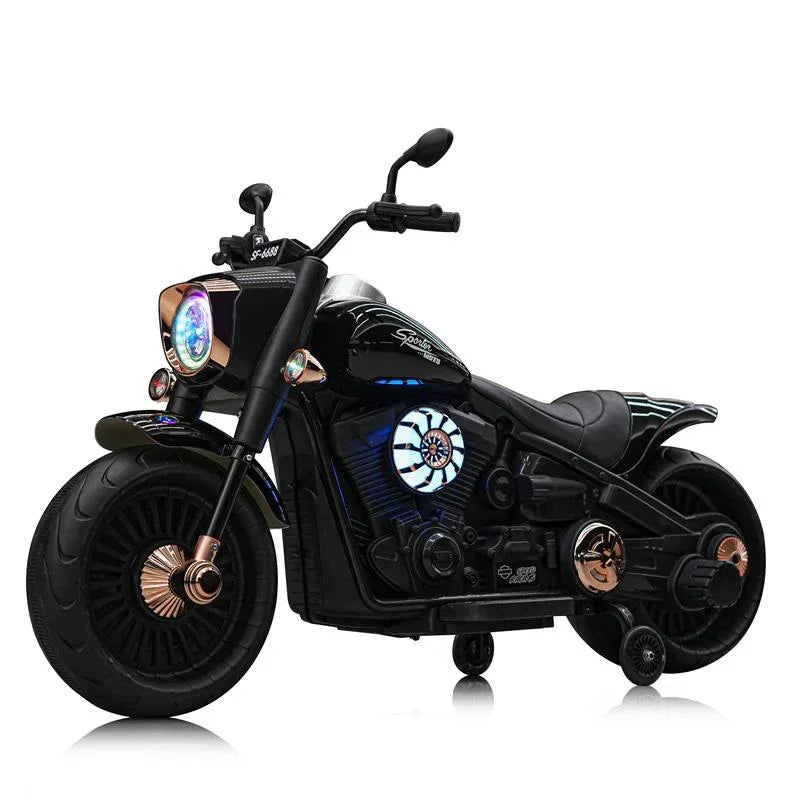 Black toy motorcycle with colorful lights on a white background