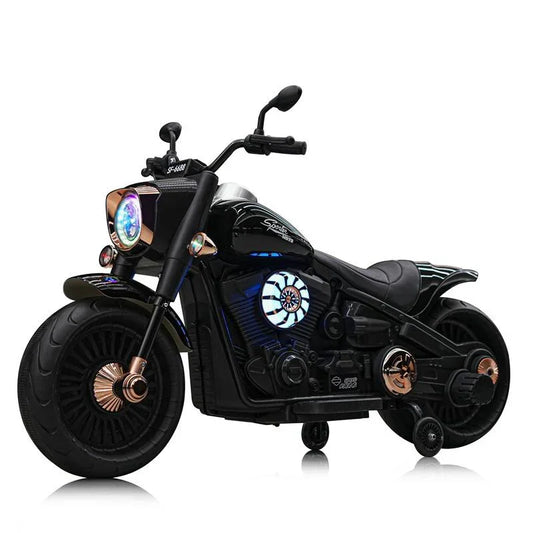 Black toy motorcycle with colorful lights on a white background