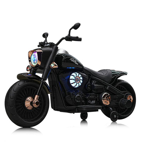Black toy motorcycle with colorful lights on a white background