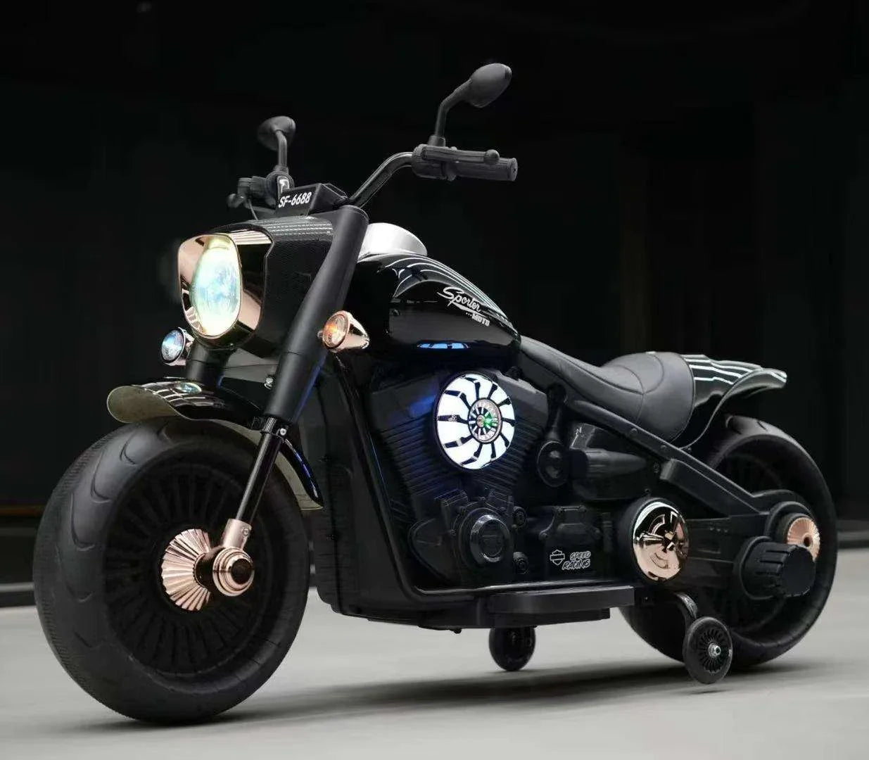 Black motorcycle model with detailed design on a dark background