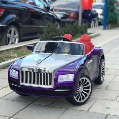 Purple toy car resembling a luxury vehicle on a sidewalk