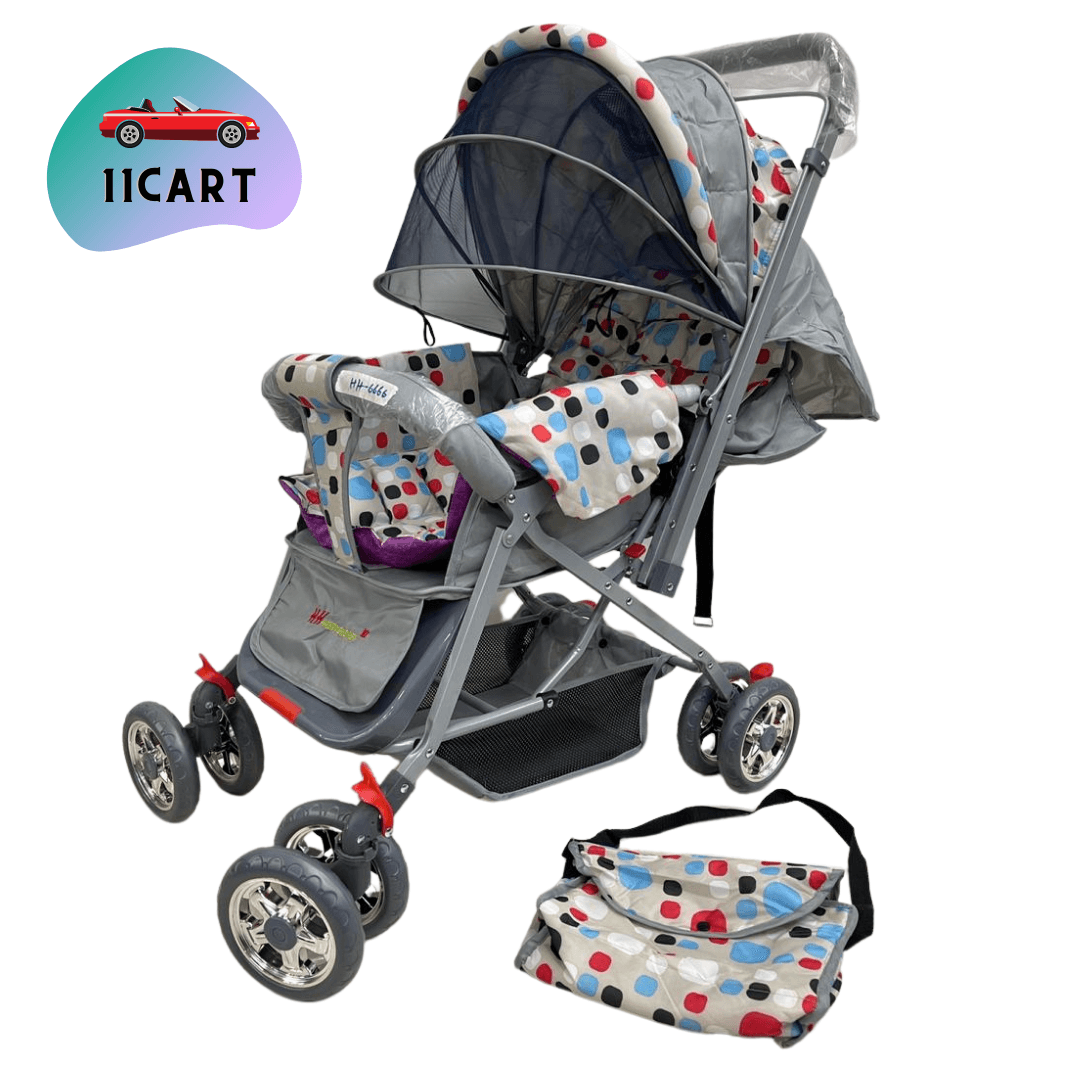 Dotted Grey Baby Stroller with Mesh Basket and Easy to Fold - 11Cart