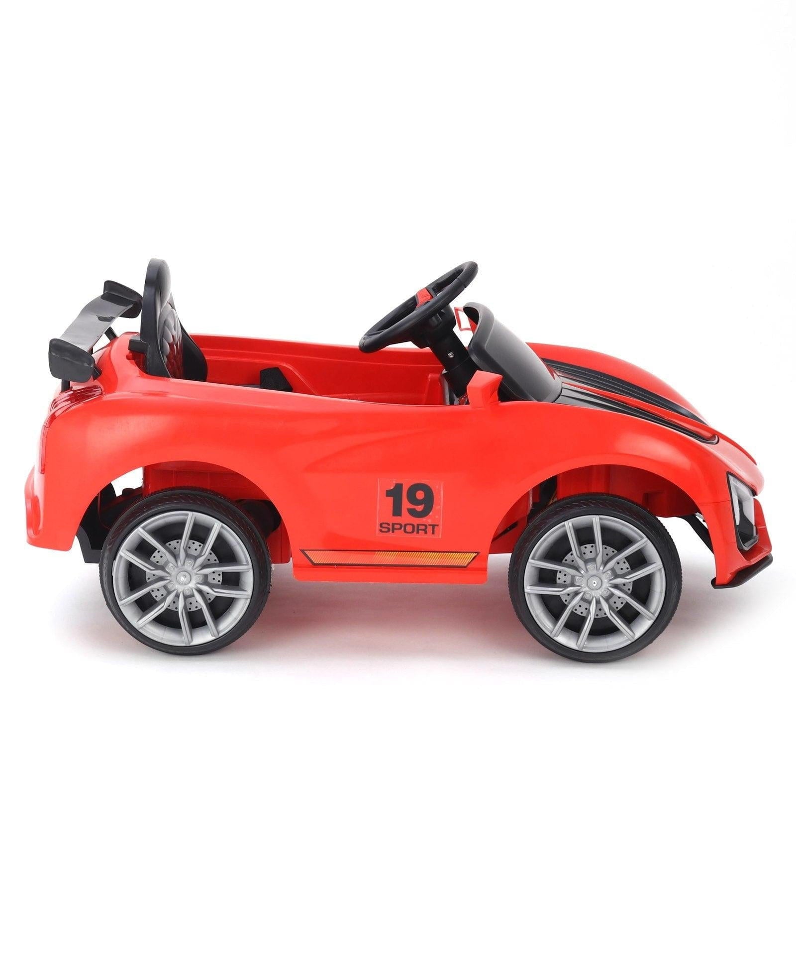 Battery-operated kids' ride-on car with LED lights and music system
