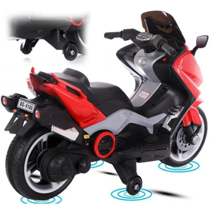 Kids’ BQ 9188 electric scooty with support wheels and realistic design
