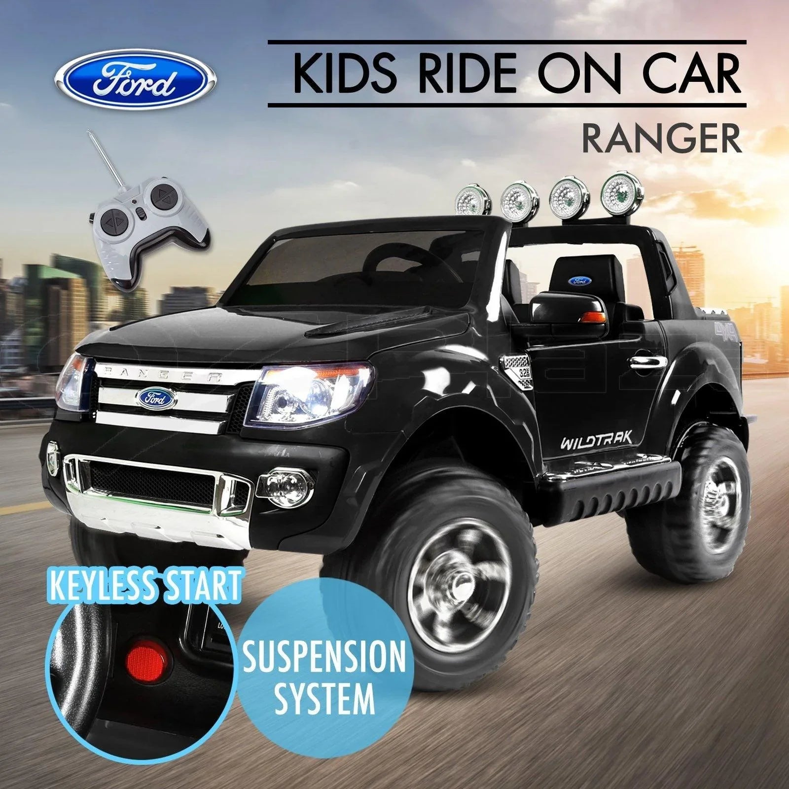 12V 4x4 Black Ford Ranger WILDTRAK for Kids with chrome accessories LED lighting and radio music panel - 11Cart