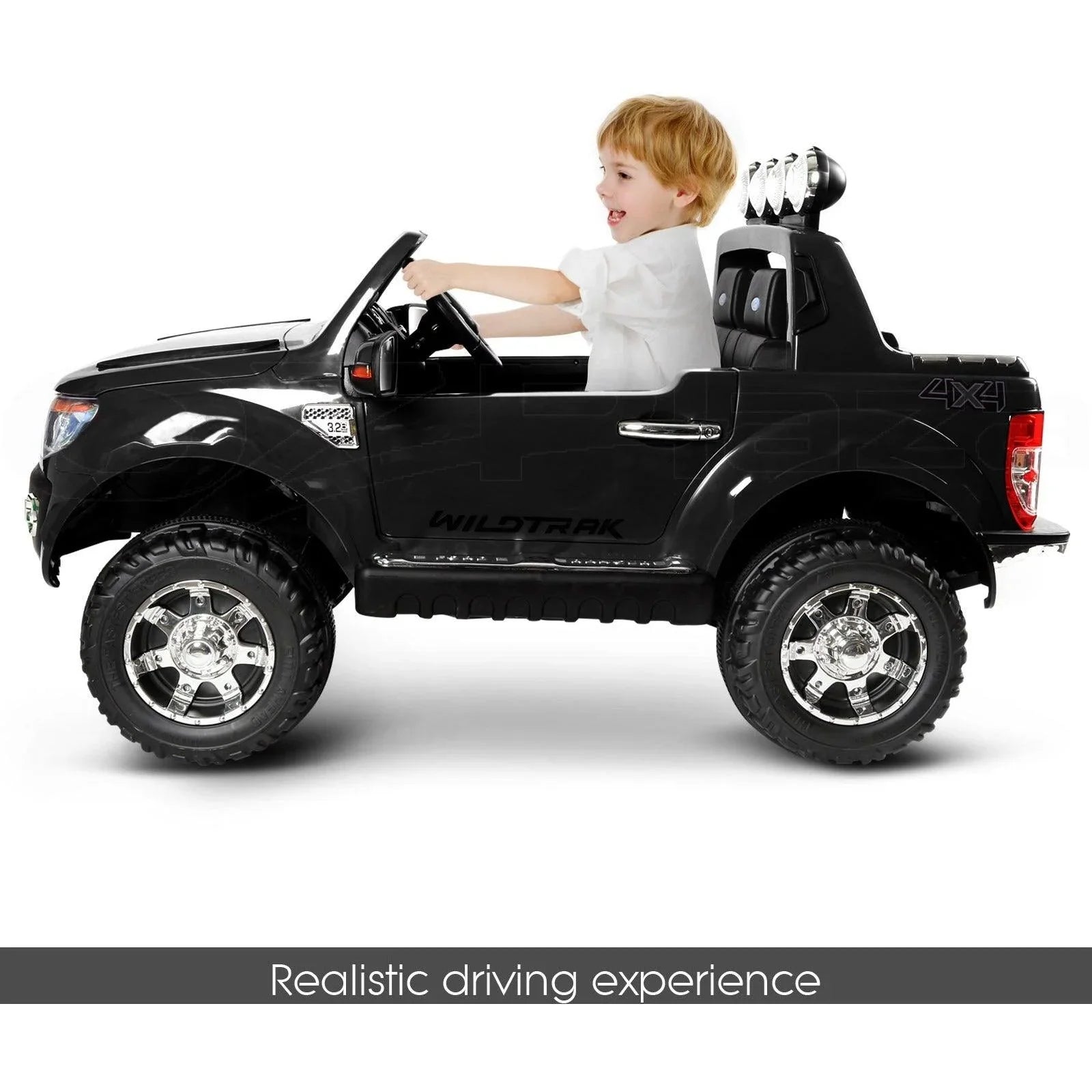 12V 4x4 Black Ford Ranger WILDTRAK for Kids with chrome accessories LED lighting and radio music panel - 11Cart