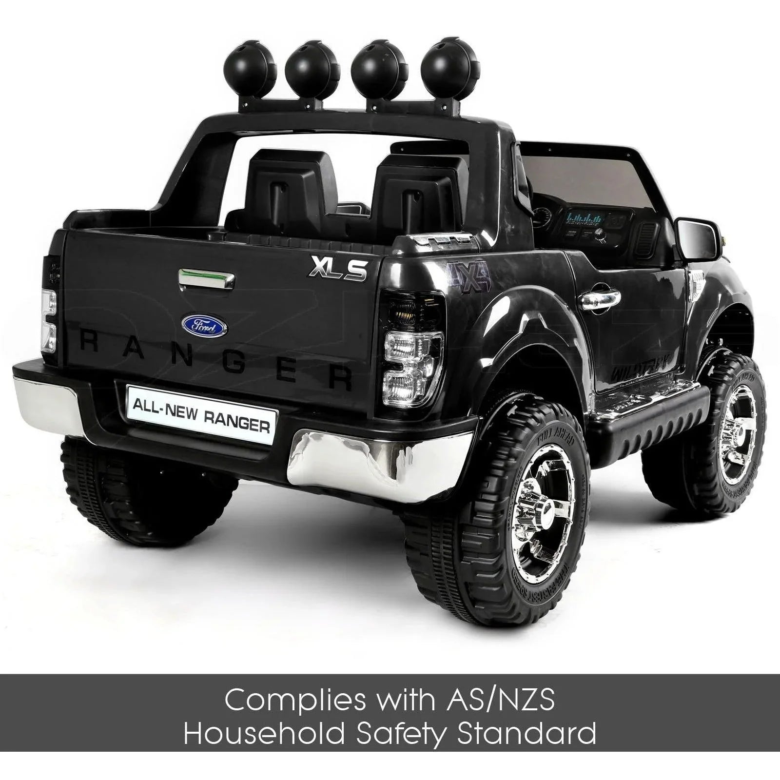 12V 4x4 Black Ford Ranger WILDTRAK for Kids with chrome accessories LED lighting and radio music panel - 11Cart