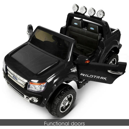 12V 4x4 Black Ford Ranger WILDTRAK for Kids with chrome accessories LED lighting and radio music panel - 11Cart
