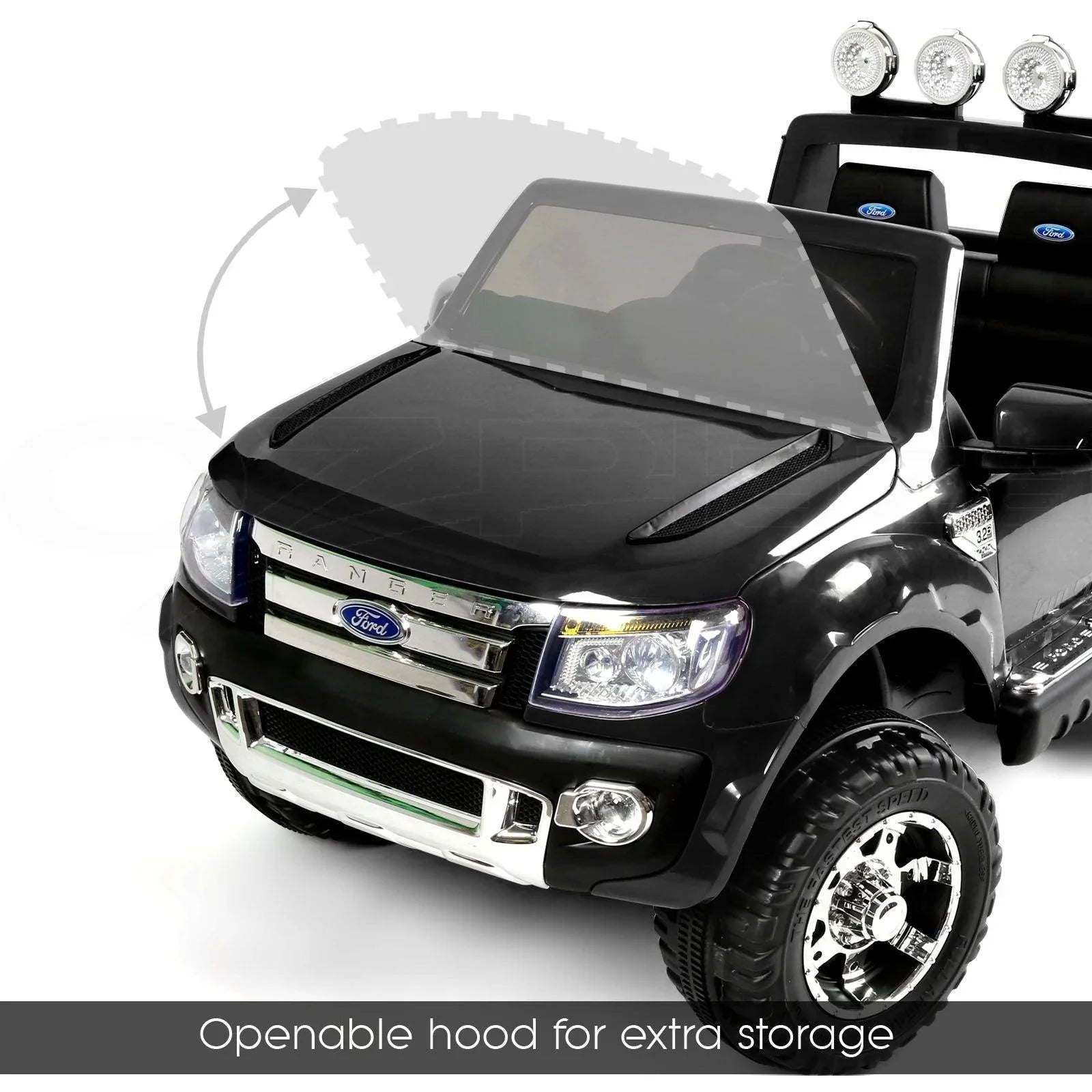 12V 4x4 Black Ford Ranger WILDTRAK for Kids with chrome accessories LED lighting and radio music panel - 11Cart