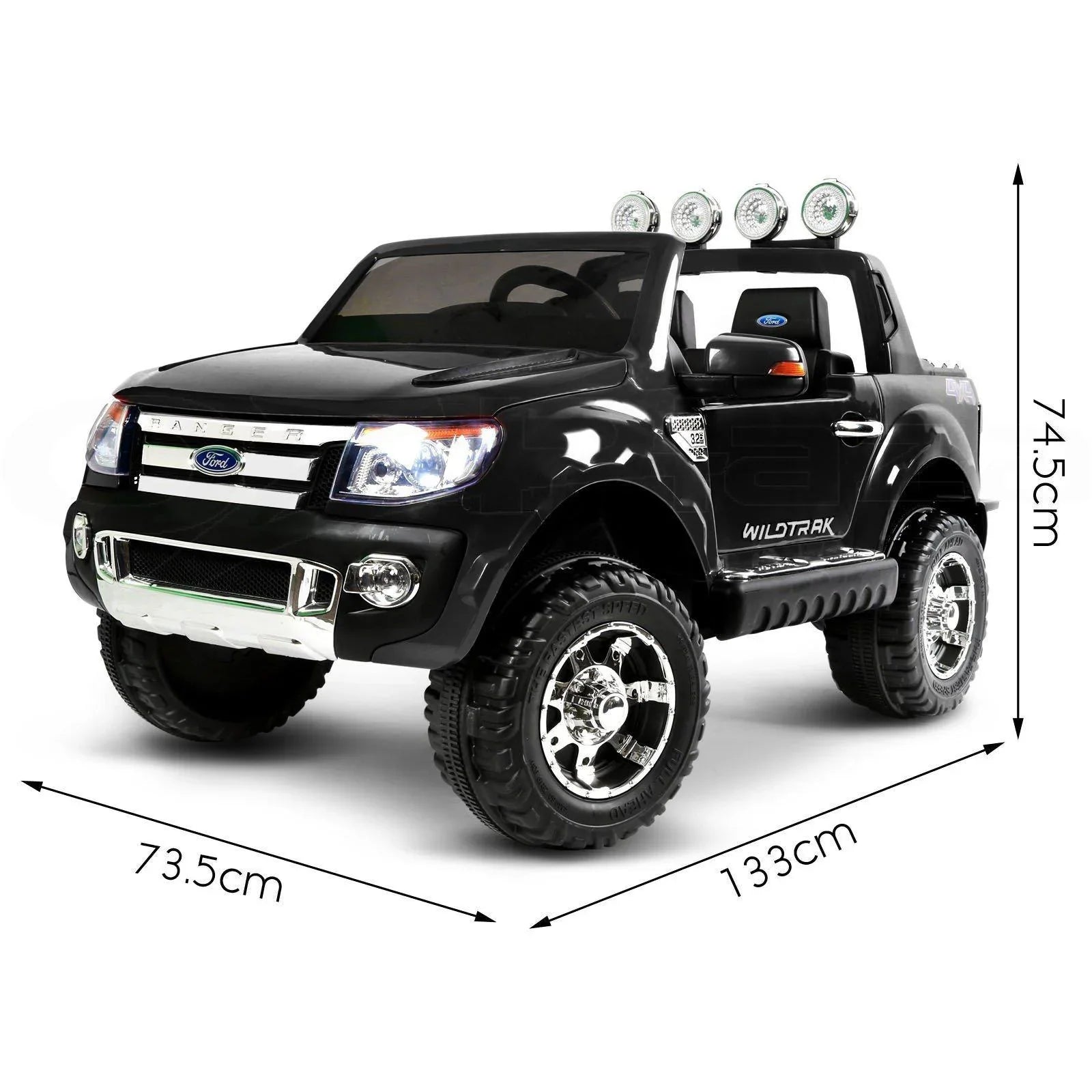 12V 4x4 Black Ford Ranger WILDTRAK for Kids with chrome accessories LED lighting and radio music panel - 11Cart