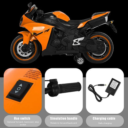 Rechargeable kids' sports bike with training wheels and smooth, safe ride
