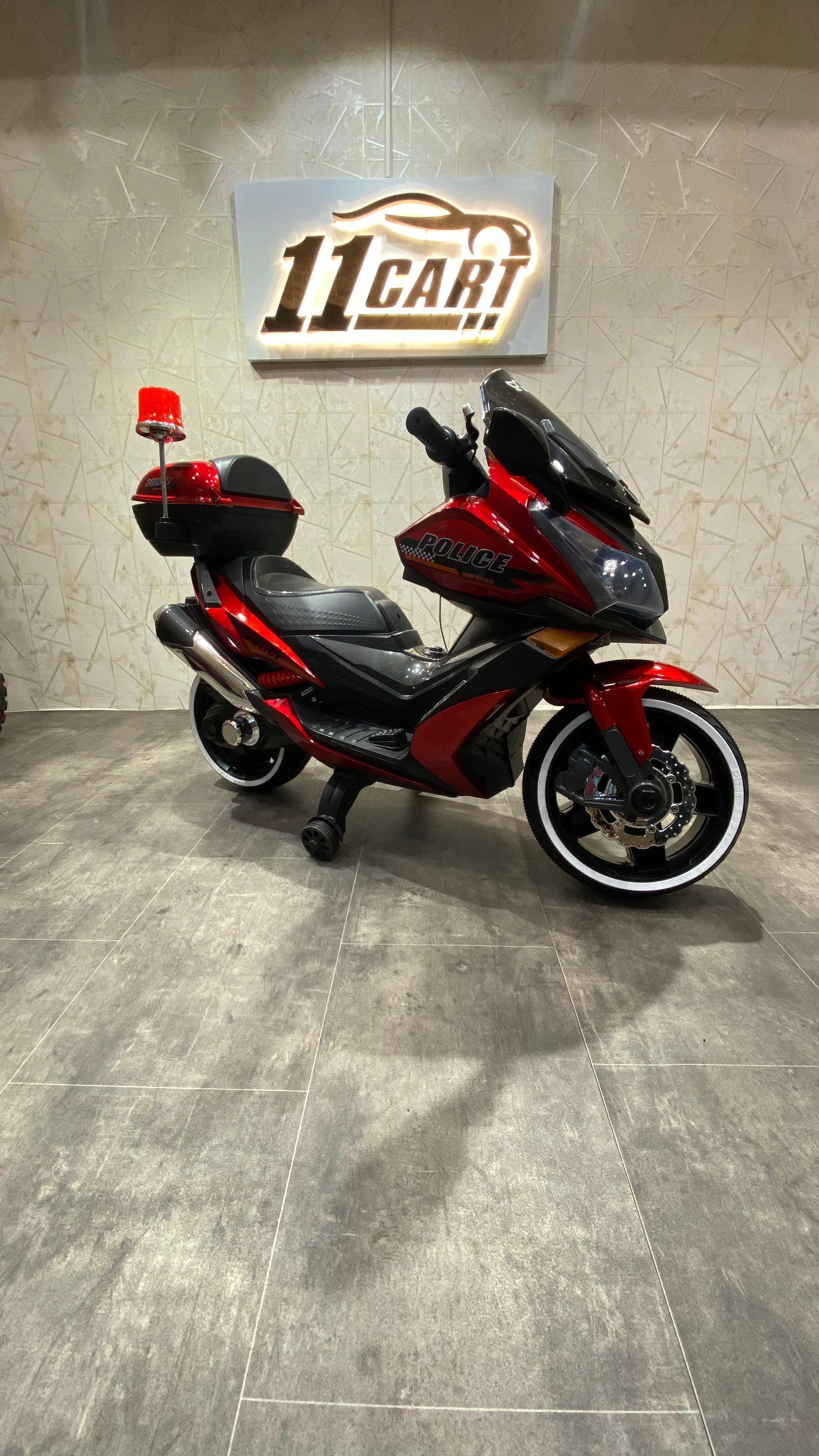 Ride-on police motorcycle for toddlers with hand accelerator and safety features
