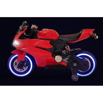 Stylish 12V Ducati kids’ motorbike with metallic finish and working lights
